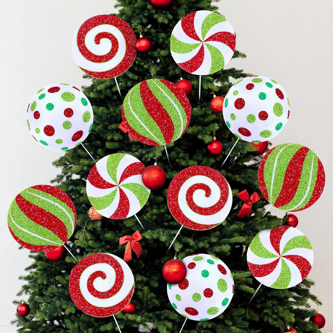 12 Pcs Christmas Tree Peppermint Picks Indoor Large, 8 in Large Double Sided Lollipop Candy Cane Xmas Tree Topper, Red and Green Glittering Candy Pick, Home Office Holiday Party Vase Decor