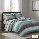 Madison Park Essentials Saben Cozy Bed in A Bag Reversible Quilt with Complete Cotton Sheet Set-Geometric Design All Season Cover, Decorative Pillow, Queen(90"x90"), Stripes Aqua 8 Piece