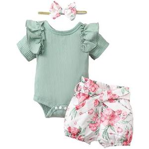 Newborn Baby Girl Summer Clothes Infant Girl Outfit Ruffle Romper Short Set Cute Baby Clothes for Girl, 2 Pack