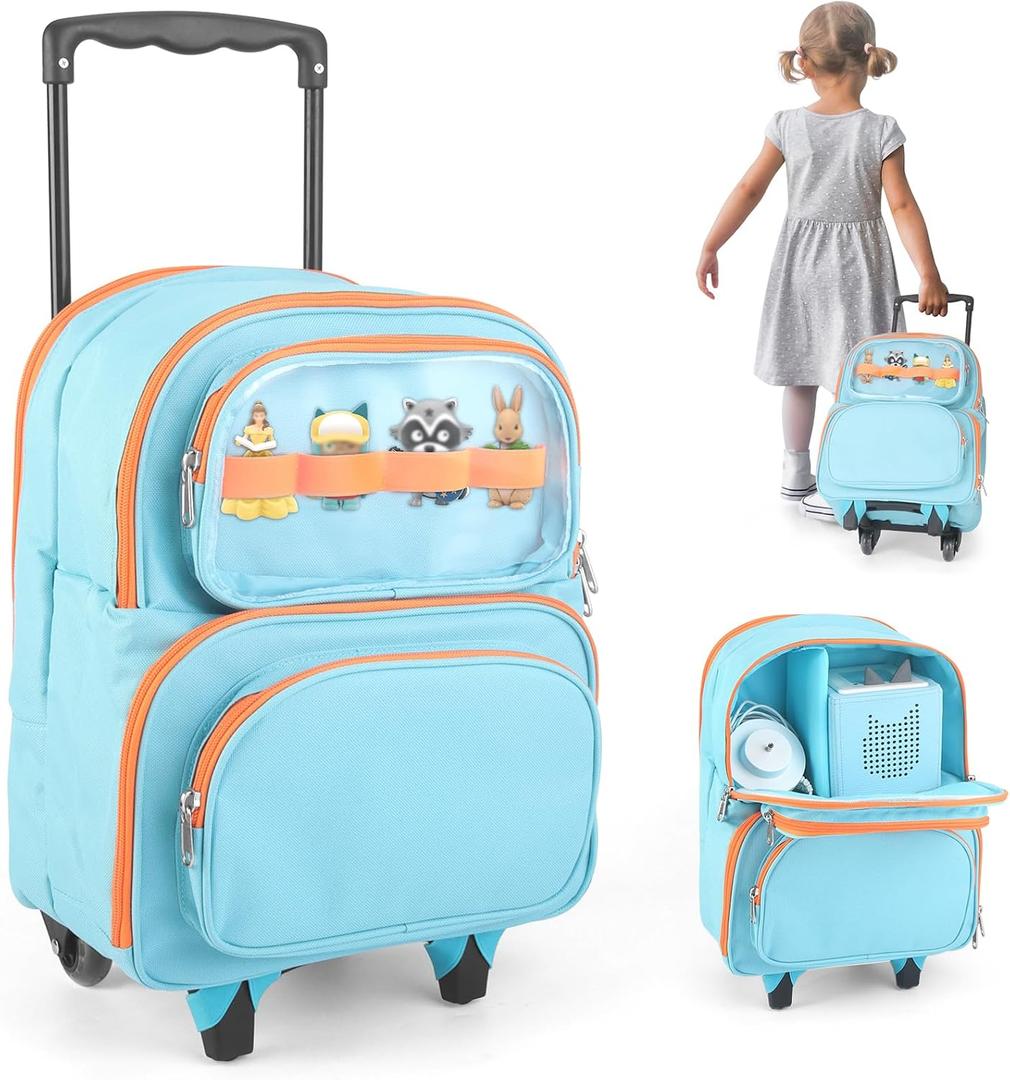 2-in-1 Rolling Backpack for Toniebox 1 & 2, Blue Travel Carrying Case for Boys with Wheels Organizer Storage Bag, Holds for Toniebox, 30+ Tonies Characters, Headphones & Charger