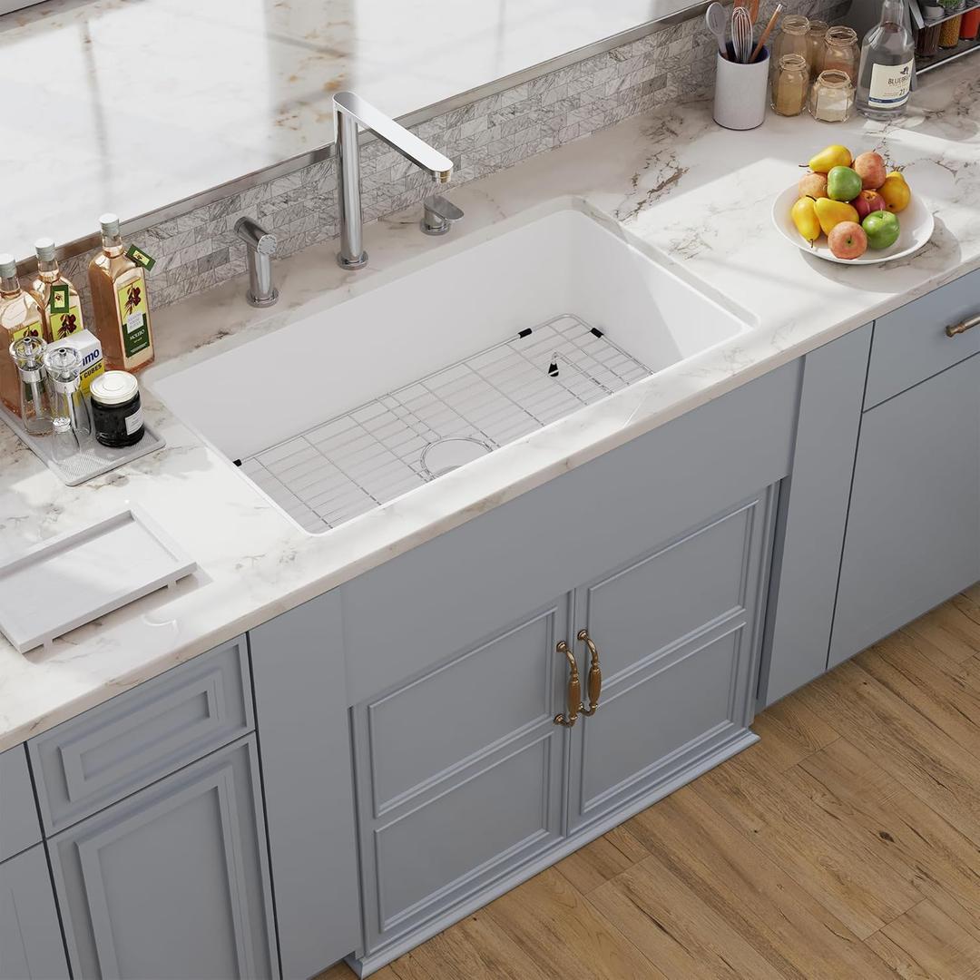 30 White Undermount Kitchen Sink, Hugsleek Topmount & Undermount Kitchen Sink 30x18 inch White Porcelain Ceramic Fireclay Sinks Dual Mount Accessories Single Bowl Under Counter Sinks Basin Drop In