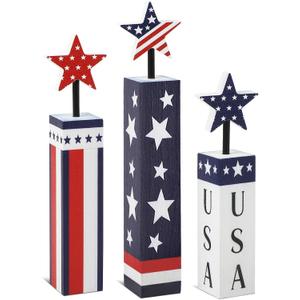 COCHIE 4th of July Decorations Set, Red White Blue Decor, Wooden Patriotic Memorial Day Tiered Tray Decor, Labor Day Decorations, Fourth of July Decoration for Home Office Table Flag Printed