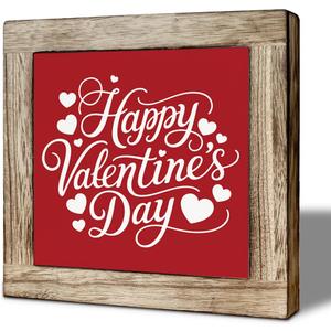Valentine's Day Wooden Box Sign, Happy Valentine's Day Heart Accents Tabletop Decor, Love Desk Plaque for Bedroom Living Room Office, Valentine Home Decor 5.9x5.9 Inches