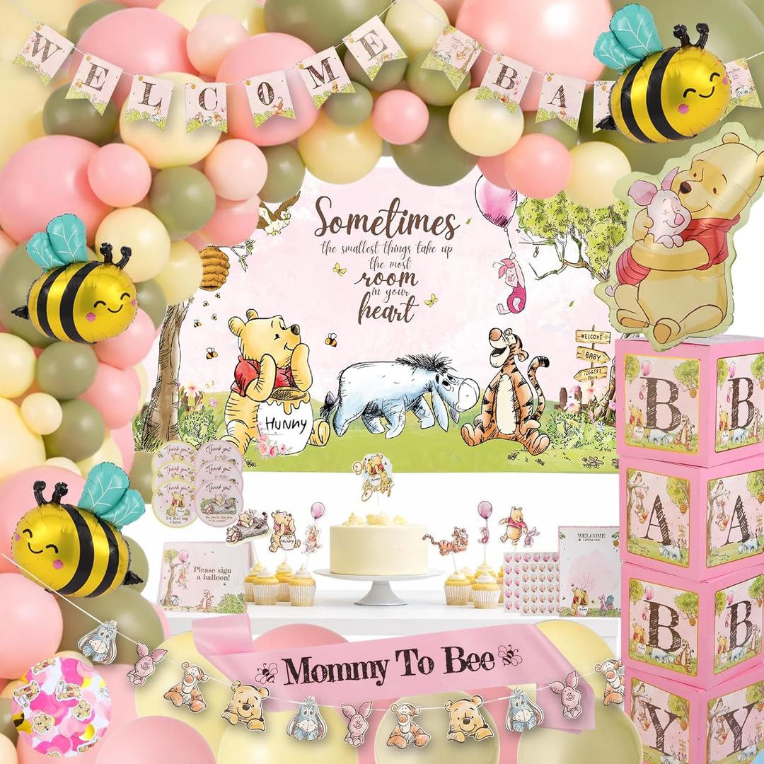 271 Pc Classic Winnie Baby Shower Decorations for Girl All-In-1 Pink Pooh Baby Shower Balloon Arch, Vintage Pooh Bear Theme Party Decoration Kit with Backdrop, Banners, Baby Boxes, Sash & Table Decor