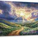 HKDGOKA Large Landscape Canvas Wall Art, Green Mountains Purple Clouds Flower Scenery Canvas Pictures Paintings Artwork for Living Room Bedroom Office Kitchen Home Wall Decor 29x58 IN