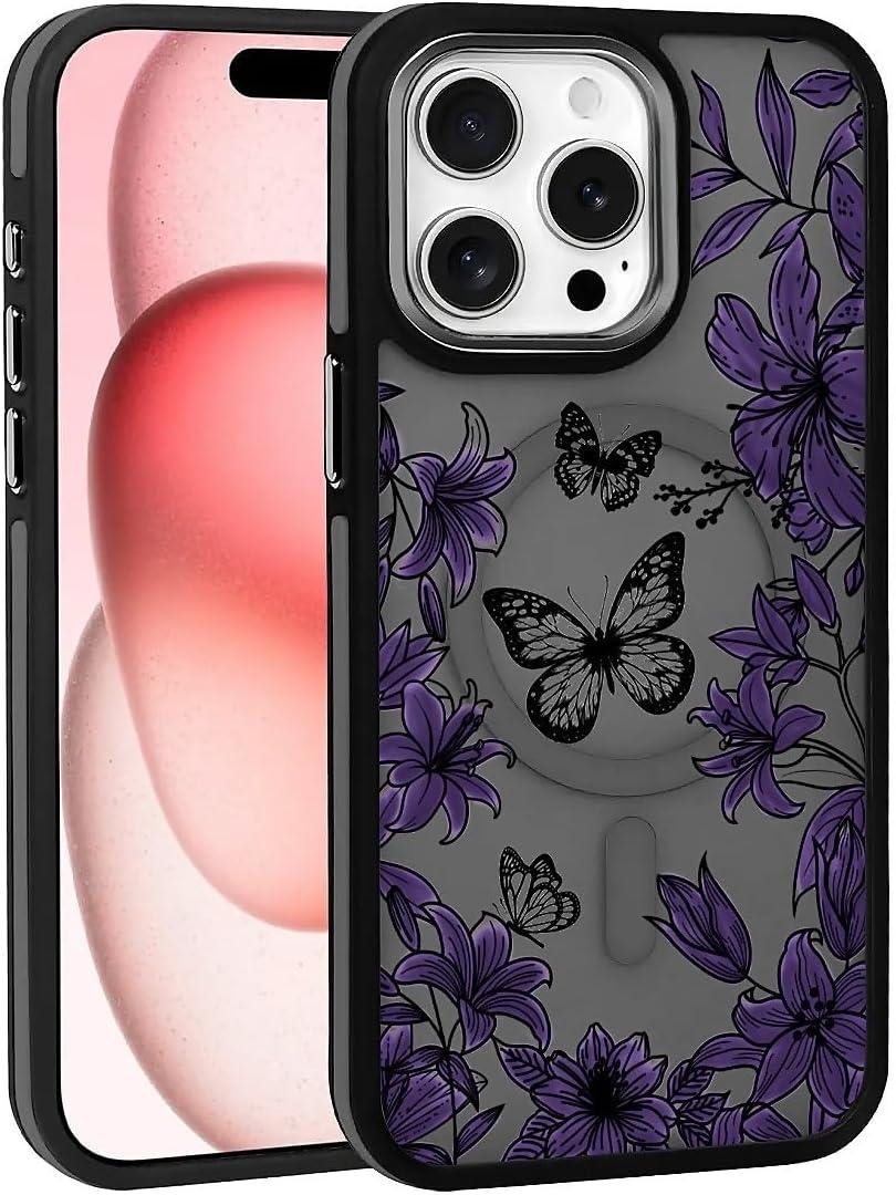 Case for iPhone 15 Design On Matte Black Base,Compatible with MagSafe,Slim Protective Soft TPU Bumper,Magnetic for Women Girls Case for iPhone 15-Purple Butterfly Flower Black