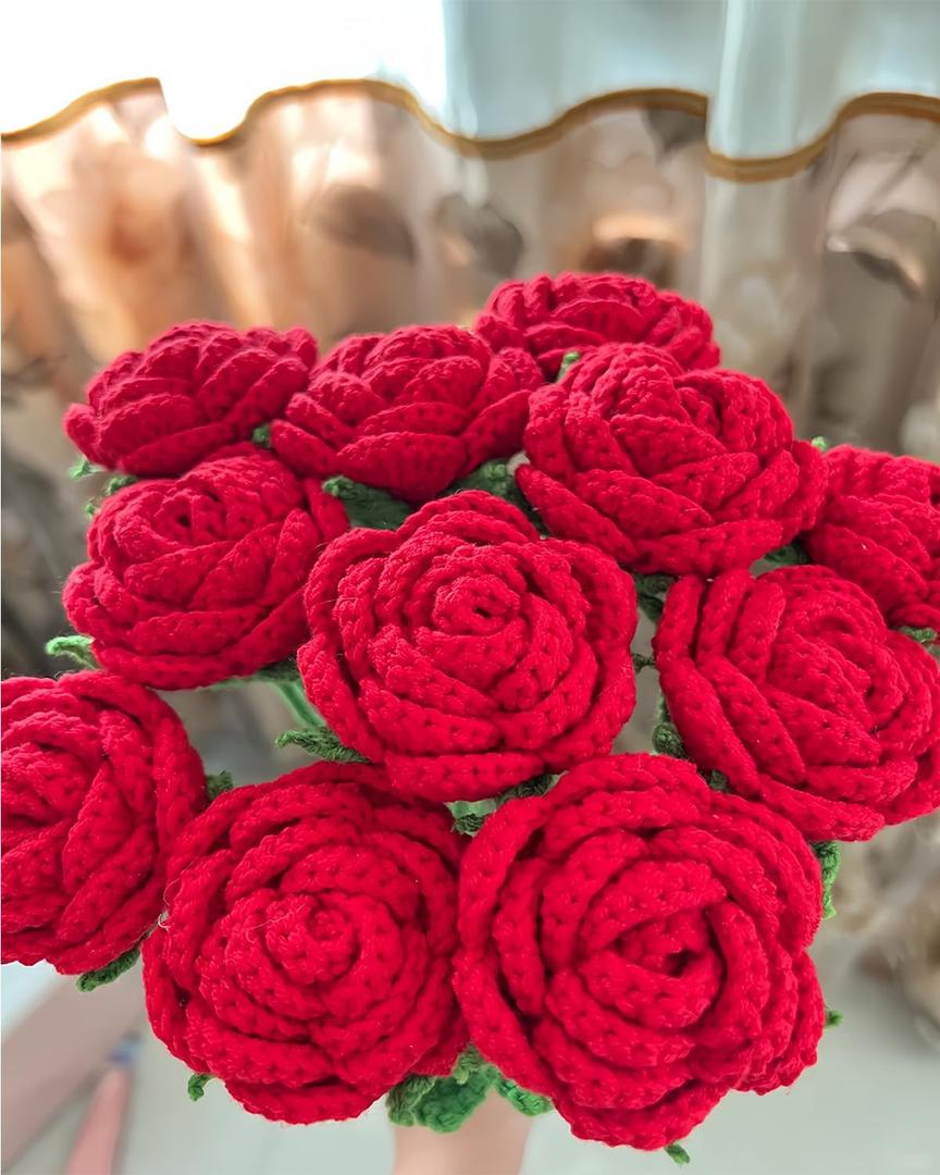 Crochet Flowers, DIY Crochet Roses Bouquet, Finished Handmade Flowers, Artificial Flowers, Knitted Red Roses for Mother, Wife, Friend (8, Red)