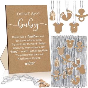 51 Pcs Don't Say Baby Shower Game Supplies Include Kraft Paper Wooden Baby Shower Sign and 50 Wood Pacifier Necklaces for Girl Boy Gender Reveal Party Decor