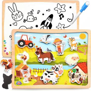3 x Magnetic Wooden Puzzle for Toddler Travel Toy, Farm Animal Matching Toy Fridge Magnet Montessori Educational Preschool Activities Learning Classroom Roadtrip Christmas Stocking Stuffer Gifts Word