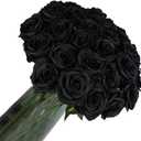 Laelfe 12 PCS Artificial Flowers Black Roses, Fake Silk Flower Long Stem Artificial Black Rose for Halloween Home Wedding Party Decorations(Black)
