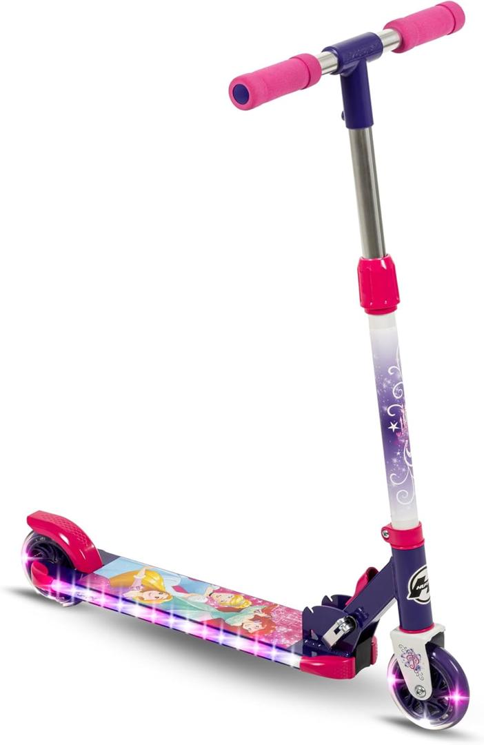 Huffy Light Up Inline Scooter for Kids, 2 Wheel Kick Scooter with LED Lights and Rear Brake, Foldable, Adjustable Handlebar on Select Models, Durable Frame, Licensed Character Graphics (Disney Princess)