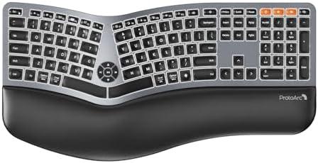 Backlit Bluetooth Ergonomic Keyboard, ProtoArc EK01 Plus Full Size Wireless Split Keyboard with Dual Bluetooth and USB, Cushioned Wrist Rest, Rechargeable for Windows/Mac/Android, Grey Black