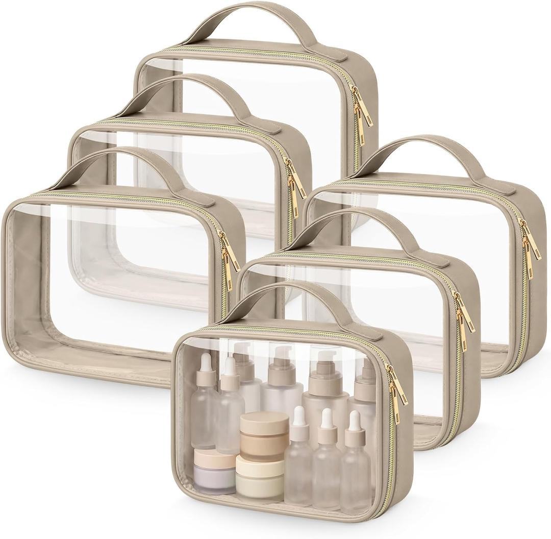 Abbylike 6 Pcs Clear Makeup Bags Bulk Tsa Approved PU Leather Toiletry Bag with Handles Quart Size PVC Clear Travel Cosmetic Case for Women Wedding Bridal DIY Gifts Bachelorette Party(Kahaki)