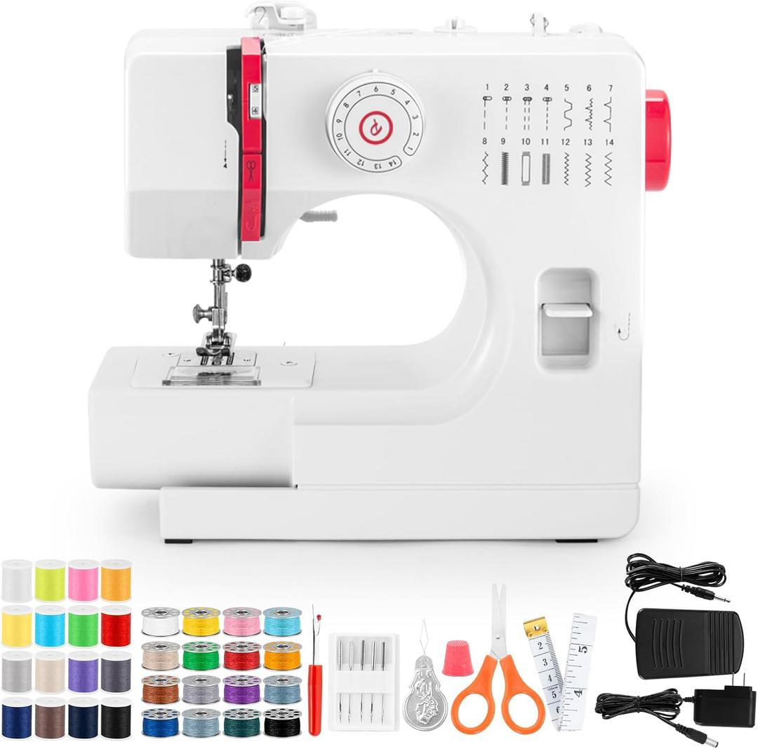 Sewing Machine, Mini Sewing Machines for Adults and Kids, 14 Stitch Dual Speed Portable Sewing Machine for Beginners, Sewing Kit with Foot Pedal & Sewing Shelf Kit, (Upgrade Version)