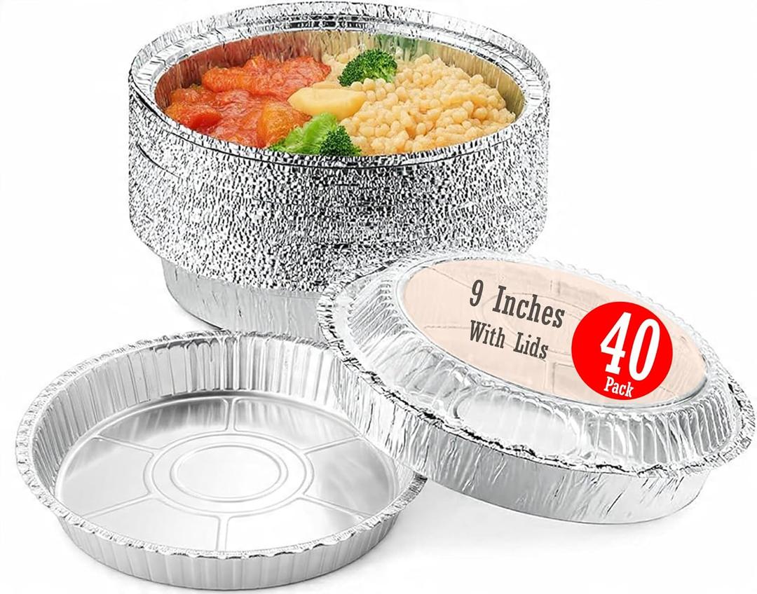 Mr Miracle Pack of 40 Disposable Aluminum Foil Pans with Clear Lids 9 Inch Circular Aluminum Pans, Ideal for Baking, Storing, Heating, Serving - Round Foil Pans with Lids