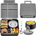 MAXSO Bento Lunch Box Set for Kids with 8 oz Soup Thermo, Leakproof Hot Food Container with 4 Compartments, Insulated Food Jar for Toddler Daycare Boys Girls School - Black