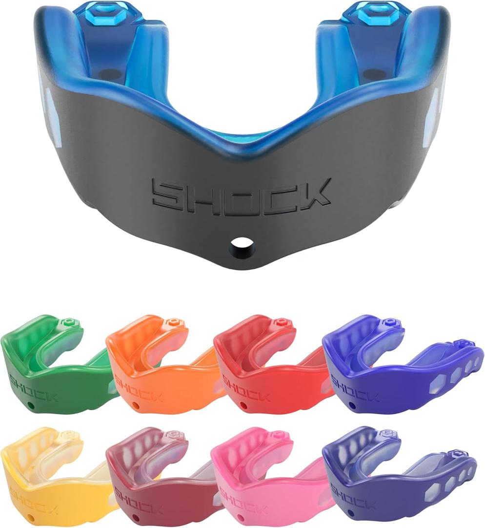 Shock Doctor Mouth Guard Sports, Hockey, Lacrosse, Baseball, Wrestling Moutguard, Gel Max Heavy Duty Protection, Football Mouth Guard with Strap (Blue/Black), Size: Adult