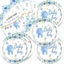 40pcs Blue Floral Baby Shower Decorations Boys Gender Reveal Supplies Spring Rose Blue Baby Shower Plates and Napkins,Suitable for 20 Guests