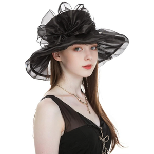 Women's Organza Hat Wide Brim Adjustable Derby Church Sun Hats Dress Bridal Shower Floral Hair Accessory Gift Box