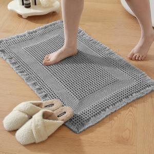 Waffle Bathroom Rugs Non Slip Bath Mat Hallway Bedroom Light Gray | Super Absorbent,Machine Washable, Quick Drying,Soft Fabric Waffle Weave,with Tassels,24" x 36",for Hallway,Bedroom,Laundry