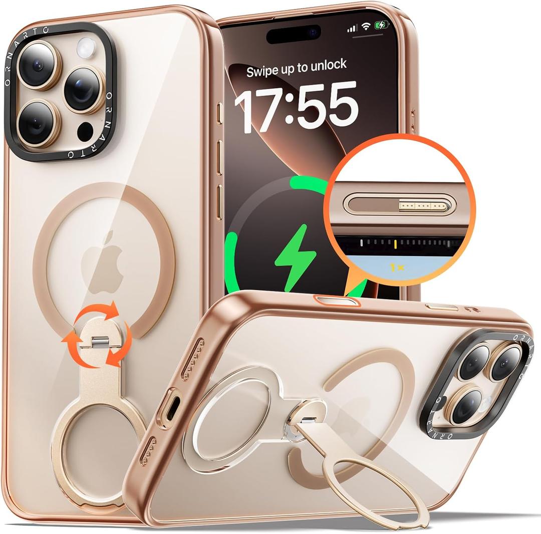 ORNARTO Loop360 for iPhone 16 Pro Case, Compatible with MagSafe and Camera Control, High-Transparency Phone Cover with 360 Rotating Stand, Military-Grade Protection, Gold