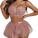 Avidlove Lace Garter Lingerie for Women Mesh Mini Skirt Nightwear Babydoll Bodysuit (Pink)
