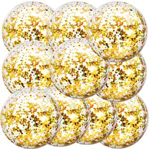 Civaner 10 Pcs Inflatable Glitter Beach Balls 16 Inch Large Sparkly Confetti Pool Balls for Christmas Party Decorations Clear Blow up Balloon Toys for Birthday 2025 New Year Summer(Gold)