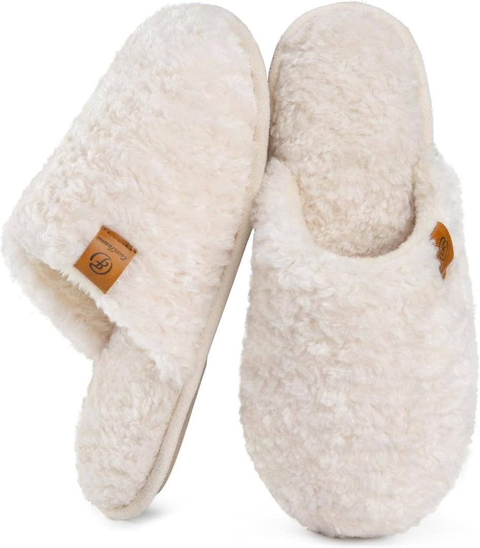 EverFoams Women's Fuzzy Slip-on Slippers Warm Cozy Soft Lightweight Memory Foam Indoor House Shoes (7-8, Cream White)