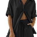 BWQ Womens 2 Piece Linen Short Sets Beach Vacation two piece sets for women summer (Small, Black)