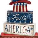 4 Pcs 4th of July Decorations Patriotic Memorial Day Tabletop Decorations Red White Blue Table Centerpieces Wood Block God Bless Sign for Office Tiered Tray Home Shelf Mantel(Independence Day Hat)