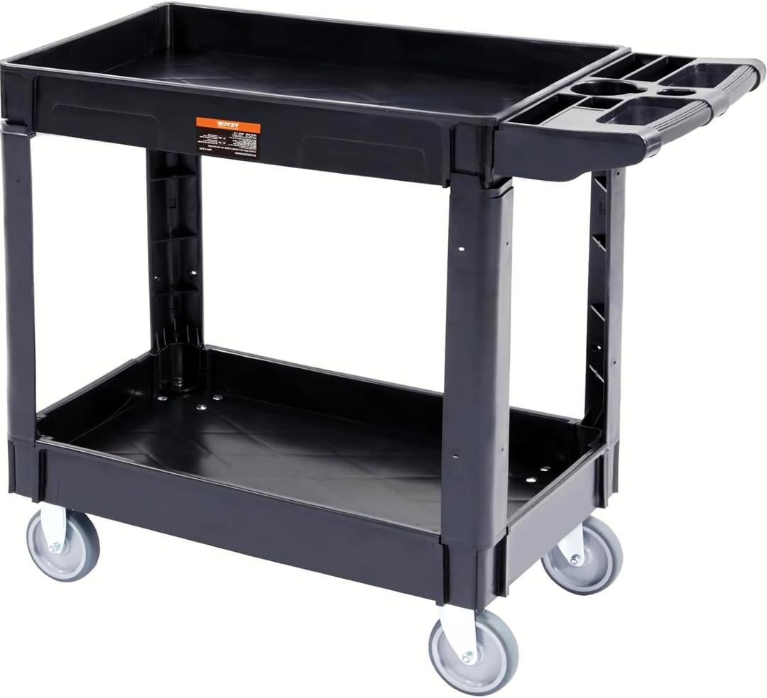 VEVOR Utility Service Cart, 2 Shelf 550LBS Heavy Duty Plastic Rolling Utility Cart, Medium Lipped Shelf, 360 Swivel Wheels, Ergonomic Storage Handle for Warehouse Garage, Black