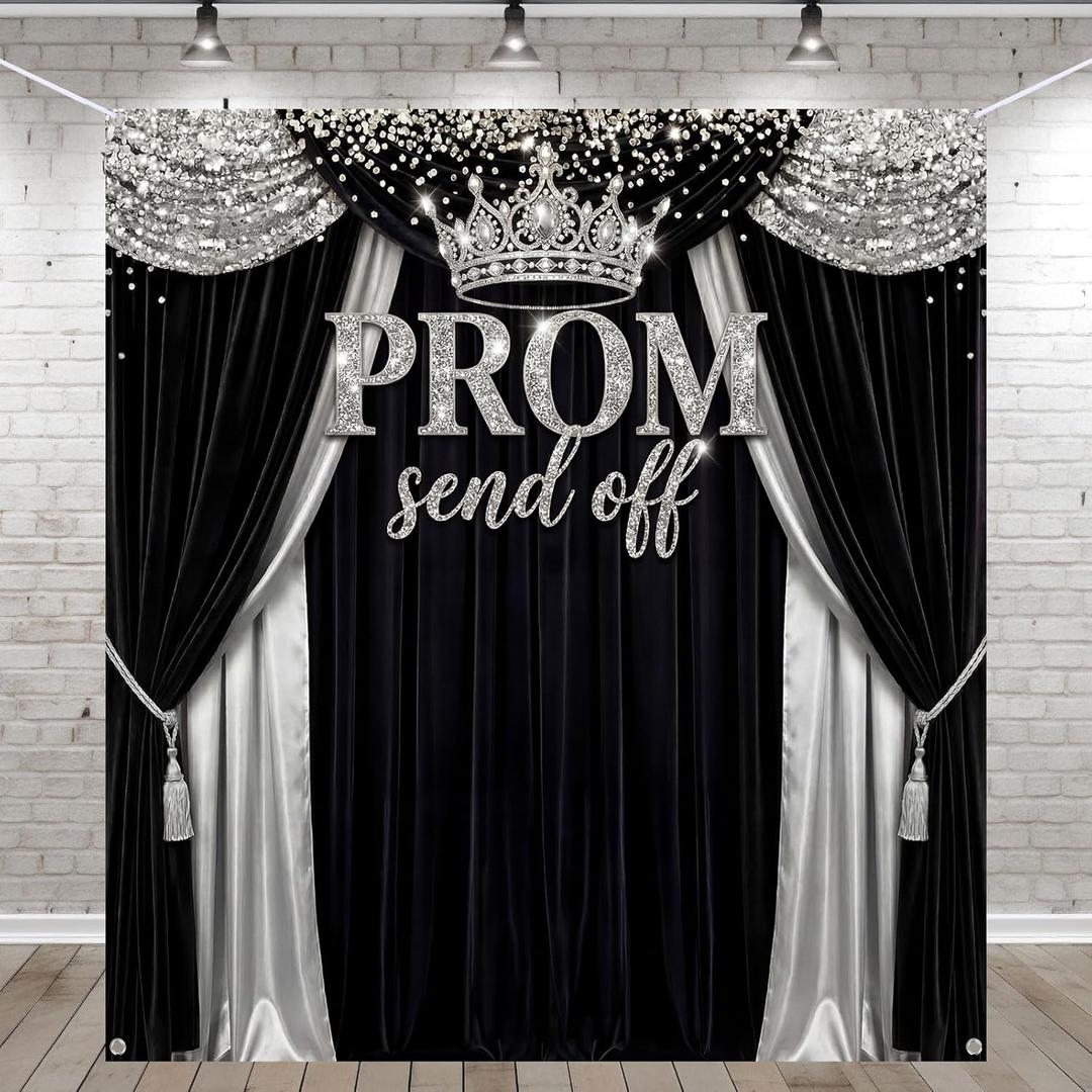 Tingjoo Prom Send Off 2026 Backdrop Black and Silver Graduation Decorations 71 x 78.7 Inch Silver Crown Class of 2026 Congrats Grad Photo Background Banner for Graduations Party Favors