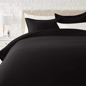 Amazon Basics Lightweight Microfiber 3-Piece Duvet Cover Set with Zipper Closure, Full/ Queen, Black, Solid