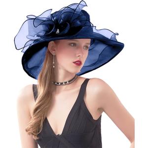 ORIDOOR Womens Organza Church Tea Party Wedding Fascinator Derby Hat Wide Brim Sun Hats (One Size, E1-navy Blue)