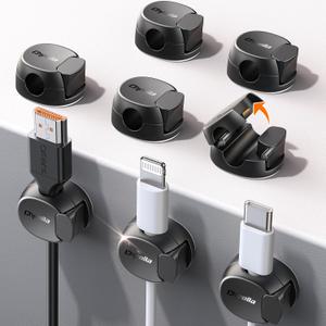 8Pack Cord Organizer [Dual Spring & Clasp, Max Secure] Cable Clips - Chfeila Cable Management, Adhesive Phone Charging Wire Holder for Nightstand/Wall, Home Office Desk Accessories Decor Essentials (Black)
