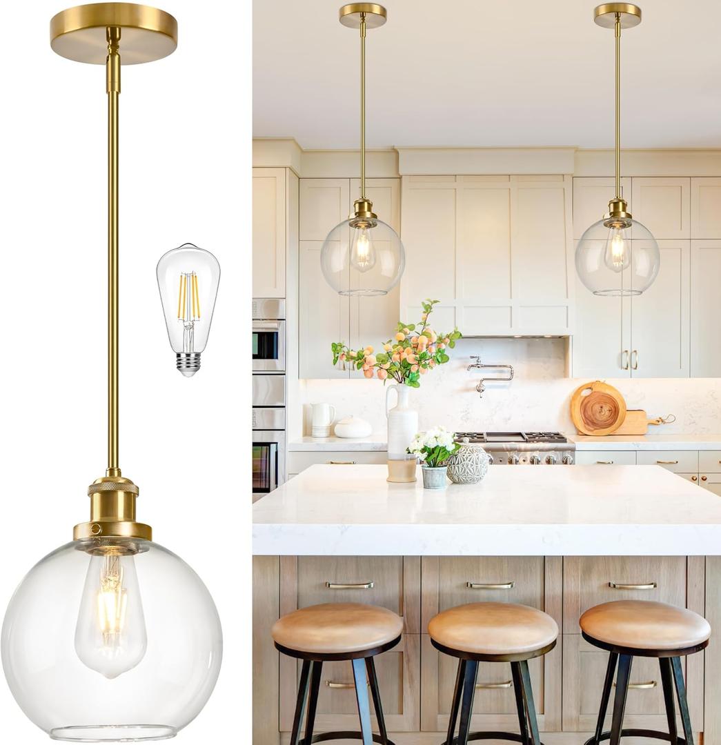 Bagood 8 Inch Gold Hanging Pendants Light Contemporary Globe Pendant Kitchen Island Modern Pendant Lights with Clear Glass Adjustable Hanging Light Fixture for Dining Room Bedroom (Bulb Incl.)