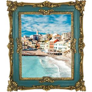 Vintage Blue and Bronze Gold Picture Frame - 8x10 Antique Photo Frame with Glass Front for Tabletop or Wall Display