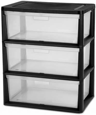 3 Drawer Storage Tower, Wide Plastic Floor Organizer with Clear Bins, Black | Transparent plastic drawers, complete three-sided visibility, quick craft and office file sorting, sleek bedroom organizer