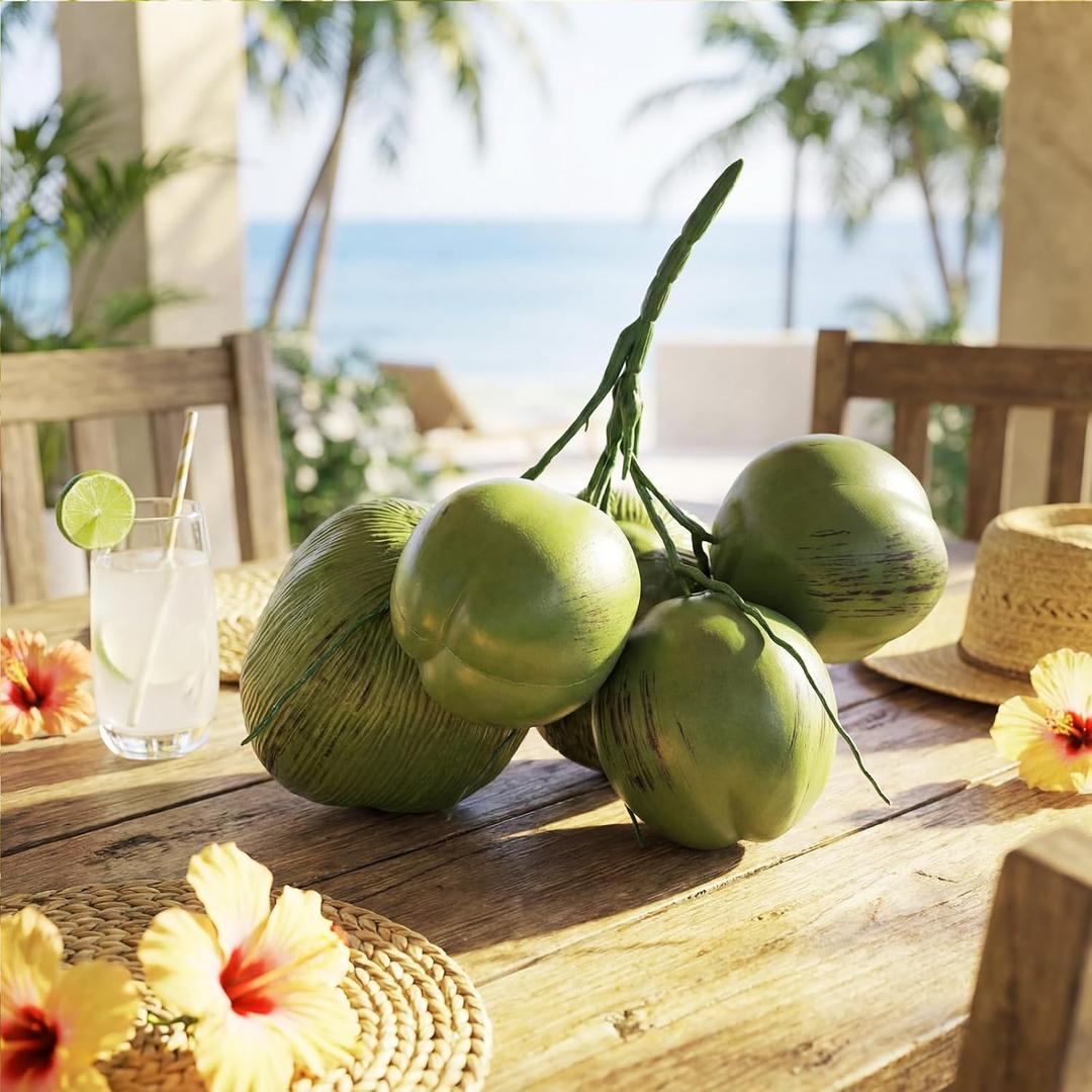 Novabright Fake Coconut, 1 Bunch Artificial Coconuts for Decoration, Lifelike Tropical Fake Green Coconuts Prop Artificial Fruit for Home Decoration Display Photo Prop(Five Coconut)