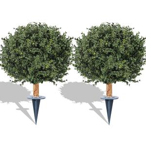 Artificial Boxwood Ball Bush 27" - 2 Pack UV Resistant Faux Shrubs with Spike, Indoor/Outdoor Decor for Garden, Yard, Porch, Patio, Planter - Easy to Install