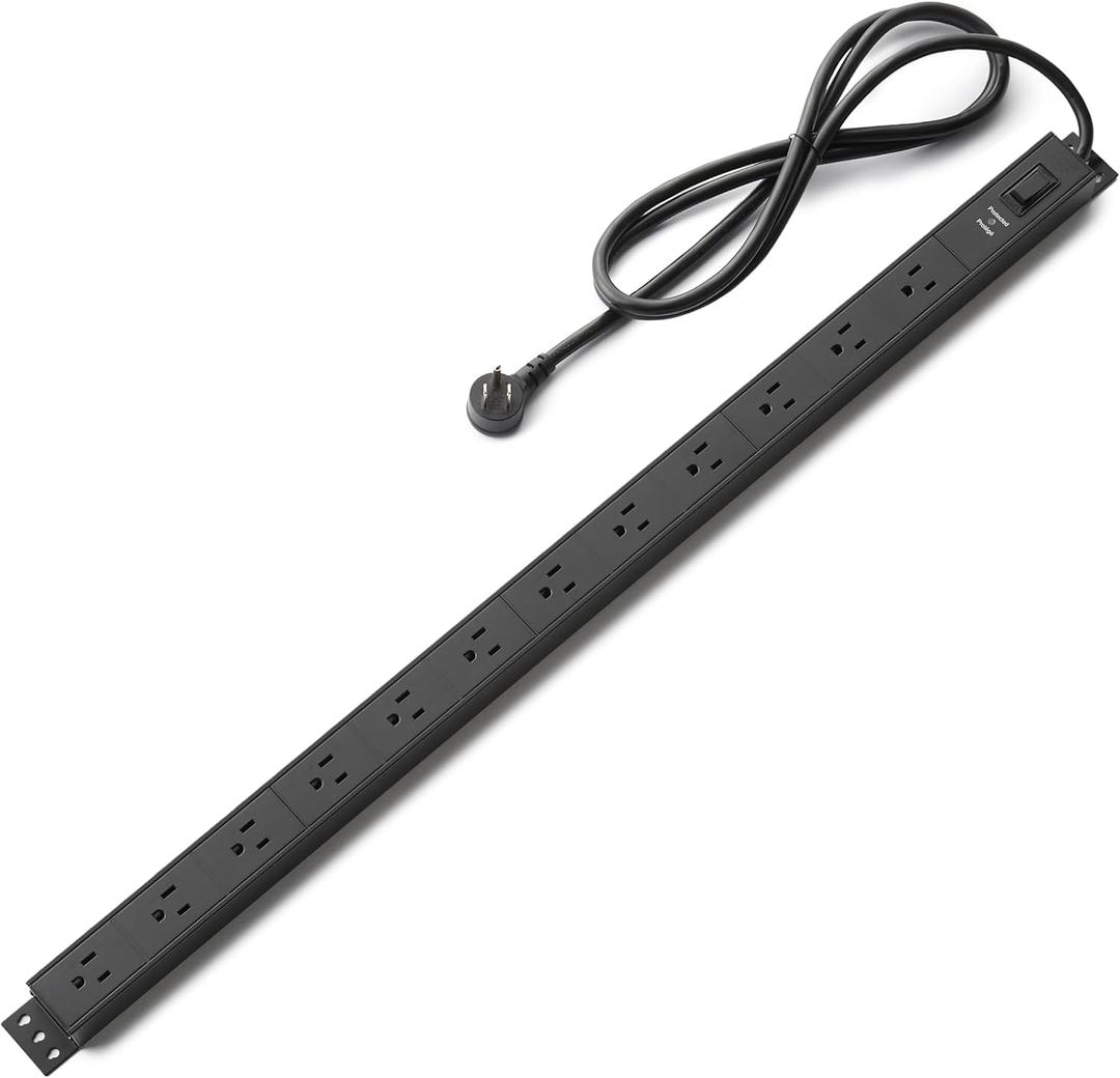 Amazon Basics Surge Protector Power Strip, 12-Outlet, Heavy Duty, Metal, 600 Joules, 6ft Extension Cord, Wide Spaced, Mountable, Black