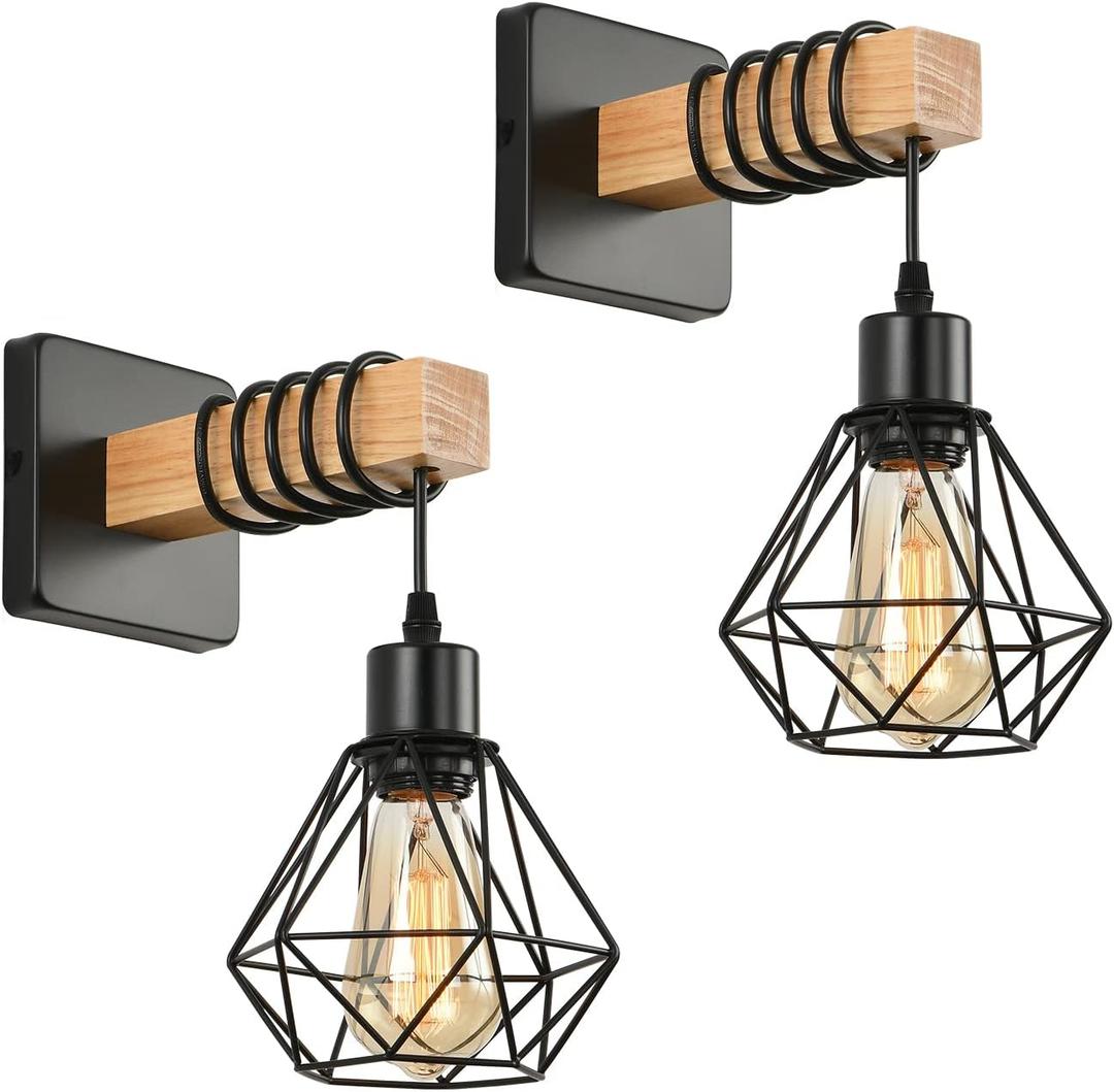 Rustic Wall Sconces Fixtures with Plug in Cord, Set of Two Indoor Vintage Rattan Wall Light Industrial Lamp Fixture Farmhouse Metal Sconces Light for Bedroom Bedside Living Room, 2 PACK