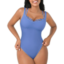 FeelinGirl V Neck Shapewear Bodysuits for Women Sleeveless Lace Body Shaper Tummy Control Thong Bodysuits for Women (Blue, Large)