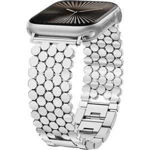 Minyee Compatible with Apple Watch Band 41/40/38/44/45/46/49/42mm Women, Dressy Honeycomb Metal Strap Designer Gold Silver Link Bracelet Wristband for iWatch Series 10 9 8 7 6 5 4 3 Ultra SE (38/40/41/42mm(Serise 10))