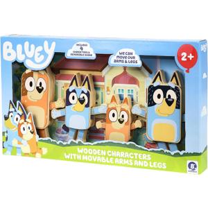 Bluey Characters Wooden Figures Set of 4, Colorful Articulate Toddler Wooden Toys with Bingo, Chilli, and Bandit, Block Set for Kids Ages 3+