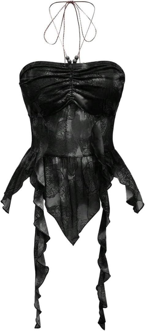 GORGLITTER Women's Halter Crop Y2k Tube Tops Asymmetrical Ruffle Hem Backless Cami Black Small