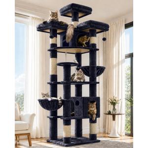 Globlazer Cat Tree Tower for Multiple Adult Cats, 82in, F82, Dark Grey, XXL Tall with Scratching Posts, 3 Perches, 2 Condos, 2 Hanging Baskets