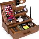 TESLYAR Wood Phone Docking Station with Drawer - Nightstand Organizer - Desk Organizer for Husband - Birthday Gifts for Men, Dad, Anniversary Idea, Key Holder Stand Watch & Accessories (Earth Beige)