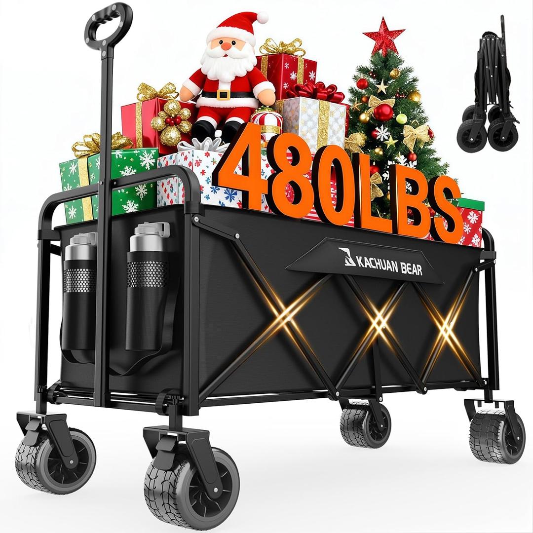 300L Large Collapsible Wagons Carts with Big All-Terrain Beach Wheels, Foldable Shopping Wagon Cart, Heavy Duty 480lbs Load, Folding Utility Cart for Groceries Garden Sport (Black)