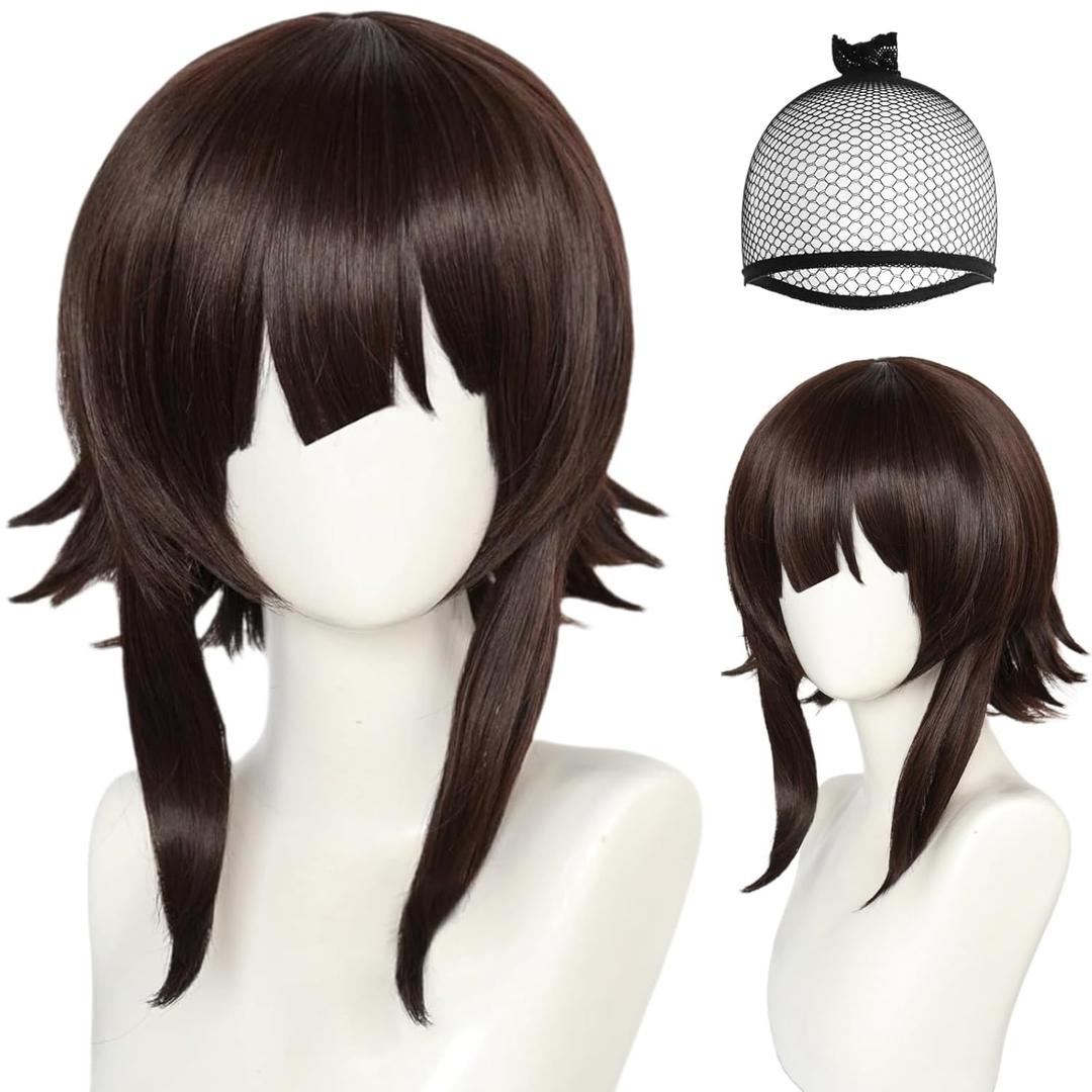 ANOGOL Hair Cap+Short Brown Wig for Women Brown Anime Cosplay Wig Short Lolita Wigs Flip End Wavy Hair Synthetic Wigs Halloween Party Circus Anime Character Costume Christmas